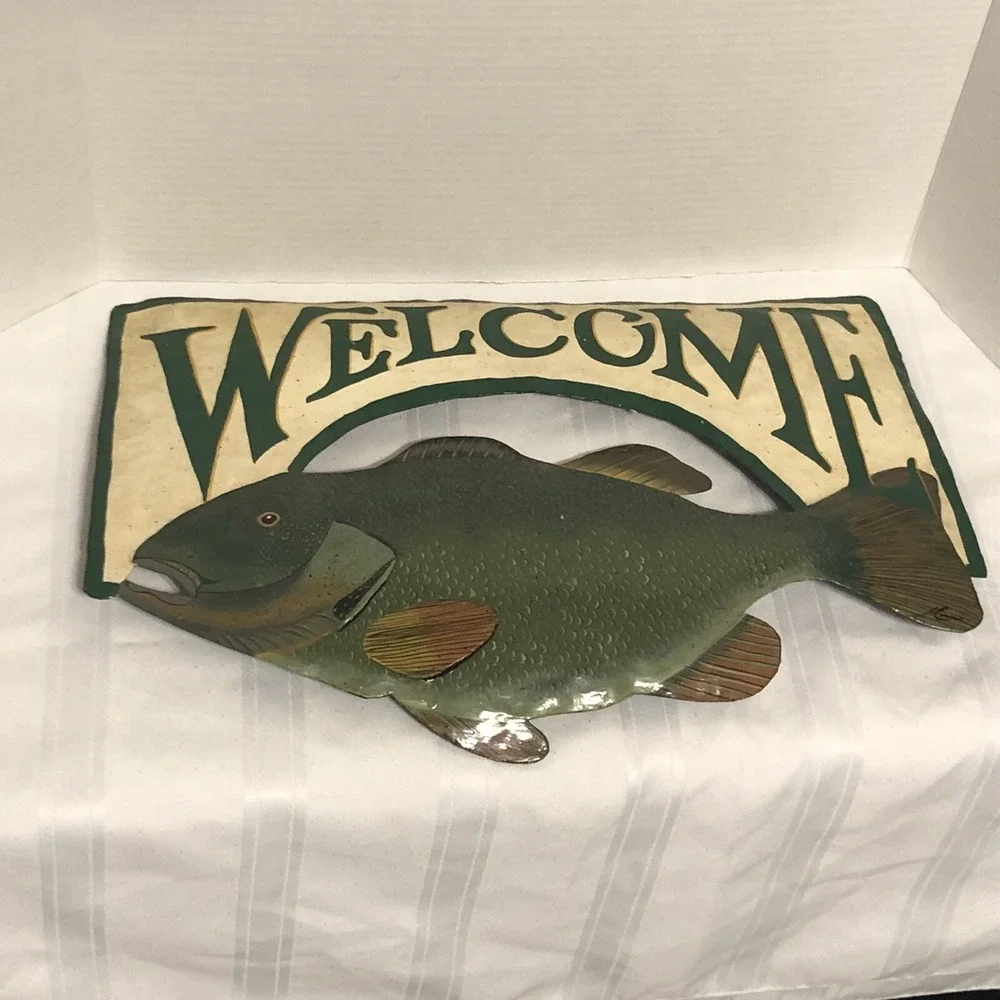 Hanging Metal WELCOME Sign FISH Bass Cabin Mancave Fishing Fisherman